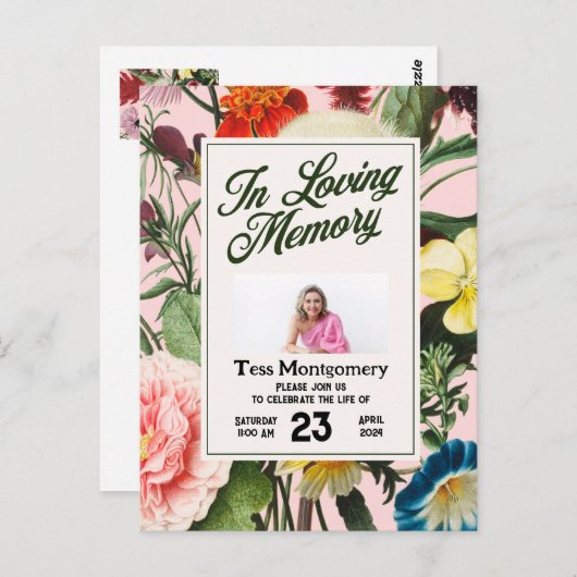 ピンクの花の葬儀招待状 ポストカード (正面/裏面)