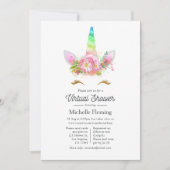 ピンクの花の虹のユニコーンのオンライン赤ちゃん歓迎会 招待状 (正面)