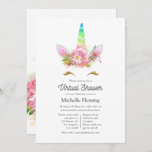 ピンクの花の虹のユニコーンのオンライン赤ちゃん歓迎会 招待状 (正面/裏面)