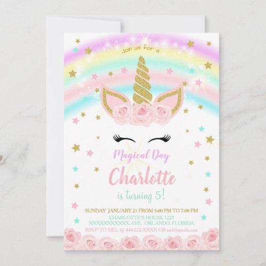 ピンクの花の虹色ユニコーンの招待状 招待状 (正面)