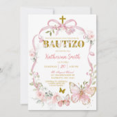ピンクの花の蝶のスパニッシュ洗礼 招待状 (正面)