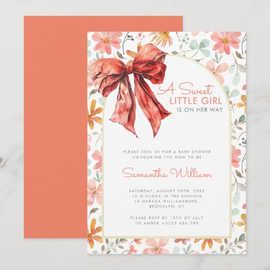 ピンクの花の蝶リボン コケティーベビーシャワー 招待状 (正面/裏面)