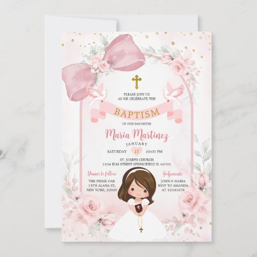 ピンクの花の蝶結びのドレスを着た少女の鳩の洗礼 招待状 (正面)