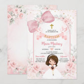 ピンクの花の蝶結びのドレスを着た少女の鳩の洗礼 招待状 (正面/裏面)