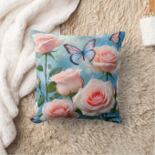 ピンクの花の蝶 クッション (ブランケット)