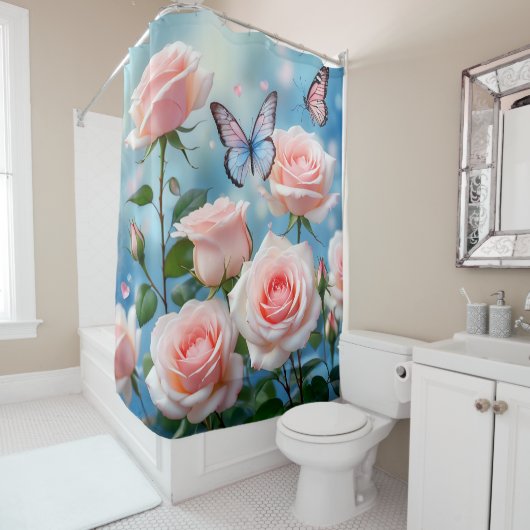 ピンクの花の蝶 シャワーカーテン (インサイチュ)