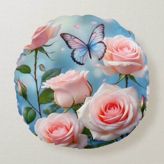 ピンクの花の蝶 ラウンドクッション (正面)