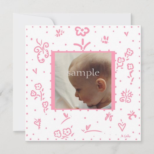 ピンクの花の誕生のお知らせ 案内状 (正面)