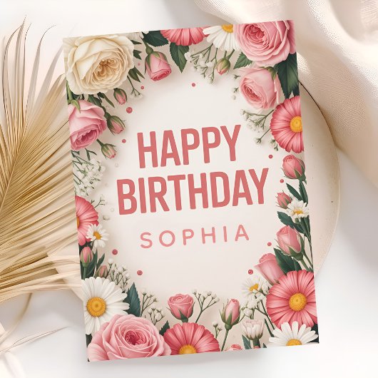 ピンクの花の誕生日おめでとう カード