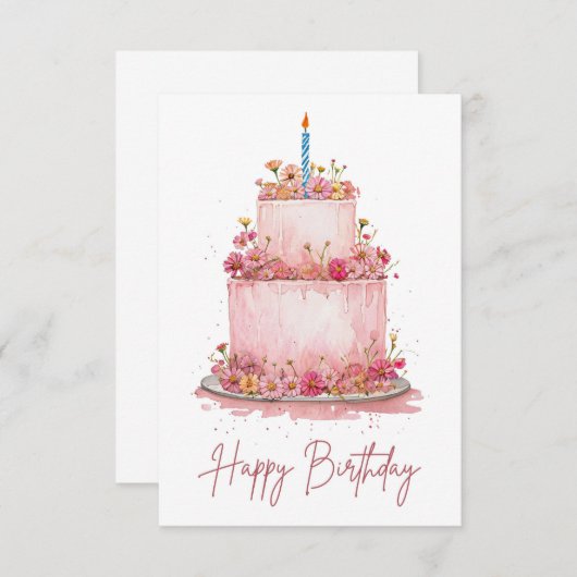 ピンクの花の誕生日ケーキカード (正面/裏面)