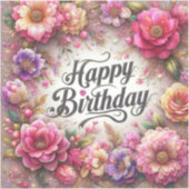 ピンクの花の誕生日シール シール (正面)