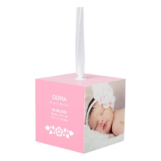 ピンクの花の誕生Statsのカスタムの写真 キューブオーナメント (裏面アングル)