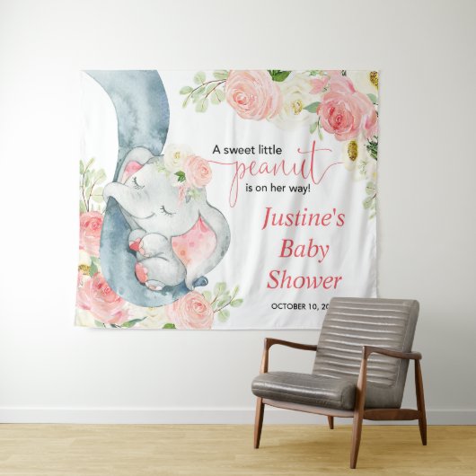 ピンクの花の象のベビーシャワーの背景看板 タペストリー (インサイチュ(横))