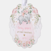 ピンクの花の象 赤ちゃんの最初のクリスマス オーナメントカード (左)
