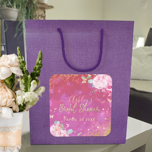 ピンクの花の豪華でエレガントなロマンチックな花嫁のシャワー スクエアシール