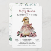 ピンクの花の赤ちゃんあひるベビーシャワーガール 招待状 (正面/裏面)