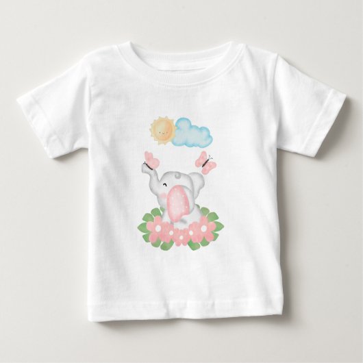 ピンクの花の赤ちゃん象 ベビーTシャツ (正面)