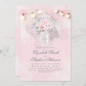 ピンクの花の赤ん坊の息のメイソンジャールラスティックウェディング 招待状 (正面/裏面)