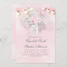 ピンクの花の赤ん坊の息のメイソンジャールラスティックウェディング 招待状