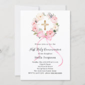 ピンクの花の輪のボウクロス女の子 ファーストコミュニオン 招待状 (正面)