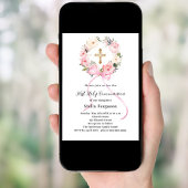 ピンクの花の輪のボウクロス女の子 ファーストコミュニオン 招待状