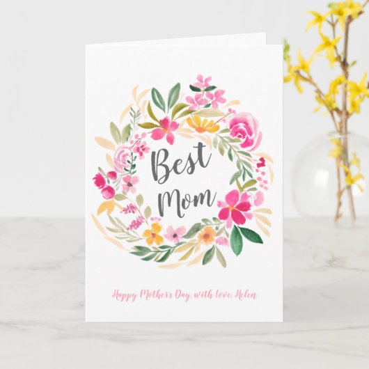 ピンクの花の輪の水彩写真 母の日 カード (黄色い花)