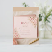 ピンクの花の返信ハガキ ロマンティックな結婚式の返信 出欠カード (スタンド正面)