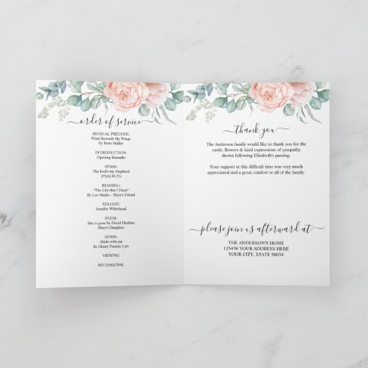ピンクの花の追悼式プログラム カード (内部)