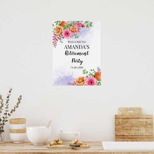 ピンクの花の退職パーティー歓迎サイン ポスター (キッチン)