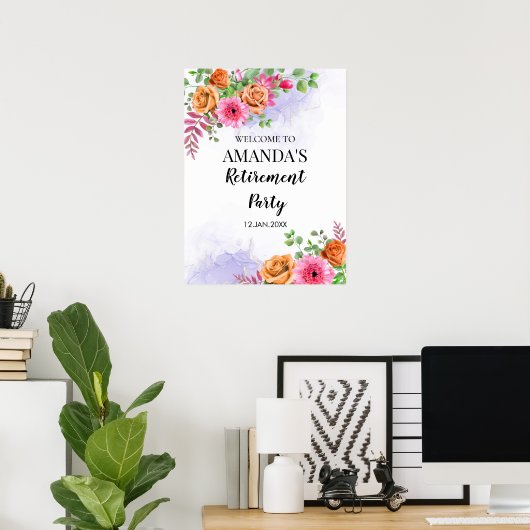 ピンクの花の退職パーティー歓迎サイン ポスター (ホームオフィス)