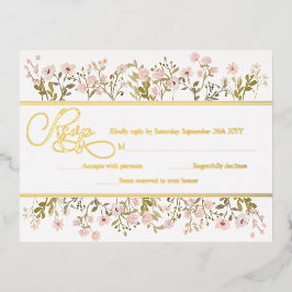 ピンクの花の野の花植物モチーフのREAL+GOLDのRSVPカード 箔招待状ポストカード