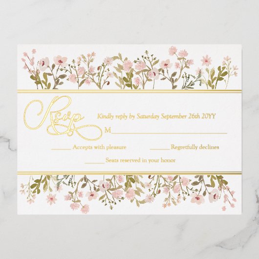 ピンクの花の野の花植物モチーフのREAL+GOLDのRSVPカード 箔招待状ポストカード (正面)