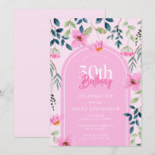 ピンクの花の野生の花の乙女のエレガントな30歳の誕生日 招待状 (正面/裏面)
