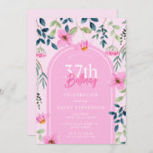 ピンクの花の野生の花の乙女のエレガントな37歳の誕生日 招待状 (正面/裏面)
