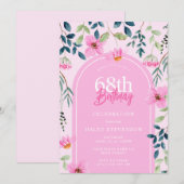 ピンクの花の野生の花の乙女のエレガントな68歳の誕生日 招待状 (正面/裏面)