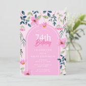 ピンクの花の野生の花の乙女のエレガントな74歳の誕生日 招待状 (スタンド正面)