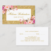 ピンクの花の金ゴールドのグリッターの美容師のアポイントメント 予約カード (正面/裏面)