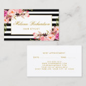 ピンクの花の金ゴールドのストライプな美容師のアポイントメント 予約カード (正面/裏面)