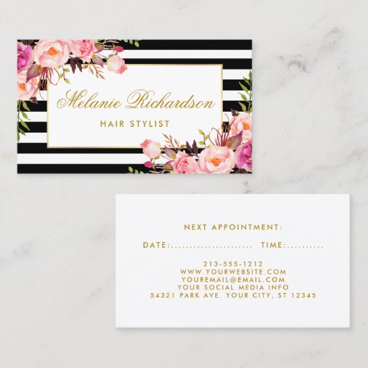 ピンクの花の金ゴールドのストライプな美容師のアポイントメント 予約カード (正面/裏面)