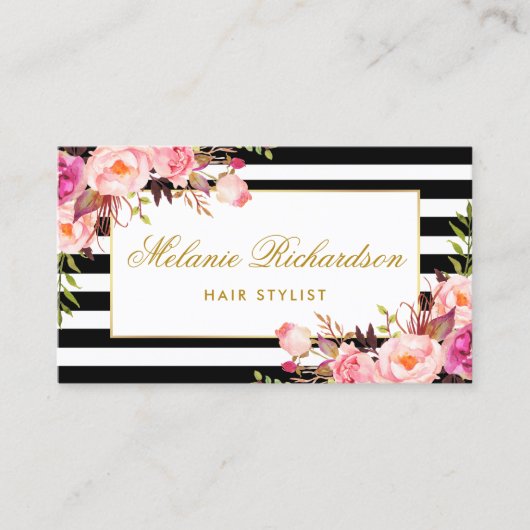 ピンクの花の金ゴールドのストライプな美容師のアポイントメント 予約カード (正面)
