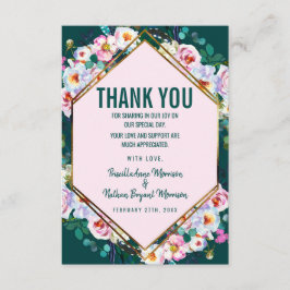 ピンクの花の金ゴールドのトリムのエメラルドのヒスイは感謝していしています サンキューカード