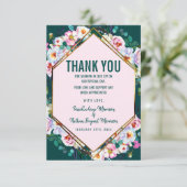 ピンクの花の金ゴールドのトリムのエメラルドのヒスイは感謝していしています サンキューカード (スタンド正面)