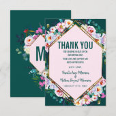 ピンクの花の金ゴールドのトリムのエメラルドのヒスイは感謝していしています サンキューカード (正面/裏面)