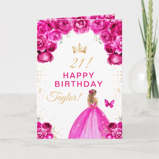 ピンクの花の金髪の女の子お誕生日おめでとう カード (正面)