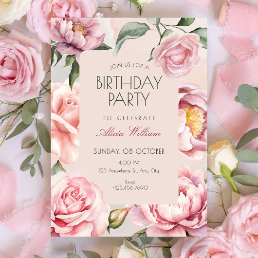 ピンクの花の開花の誕生日 招待状