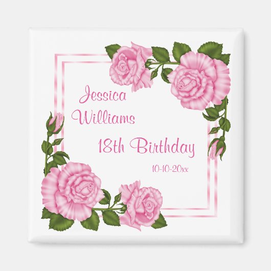 ピンクの花の隅飾りブーケ 18歳の誕生日 マグネット (正面)