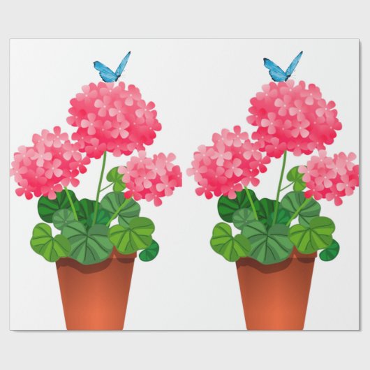 ピンクの花の青い蝶のラッピングペーパー ラッピングペーパー (フラット)