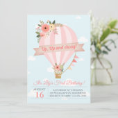 ピンクの花の風船飛翔 バースデー招待状 招待状 (スタンド正面)