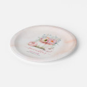 ピンクの花の飾りが付いたパンプキンの秋の結婚式 ペーパープレート (アングル)