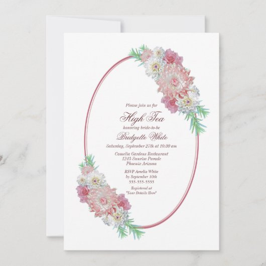 ピンクの花の高茶 ブライダルシャワー 招待状 (正面)